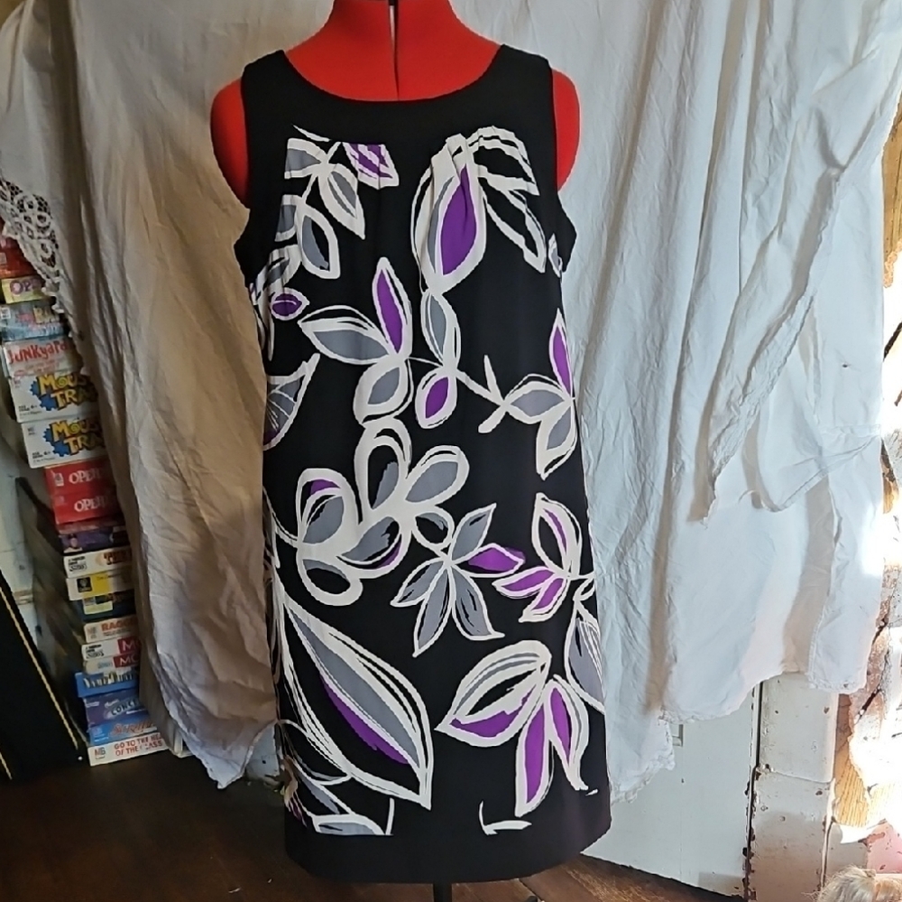 Dress Barn Black and Purple Leaf Midi Dress